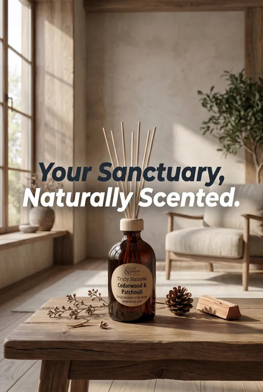 reed diffuser on a wooden table