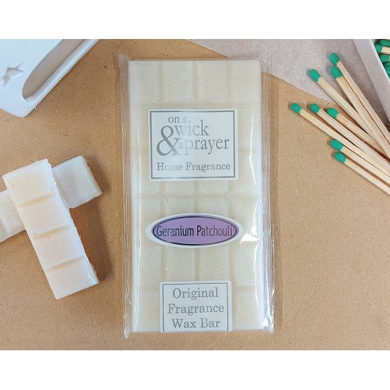 Geranium Patchouli fragrance wax melt bar by "On a wick and a Prayer"