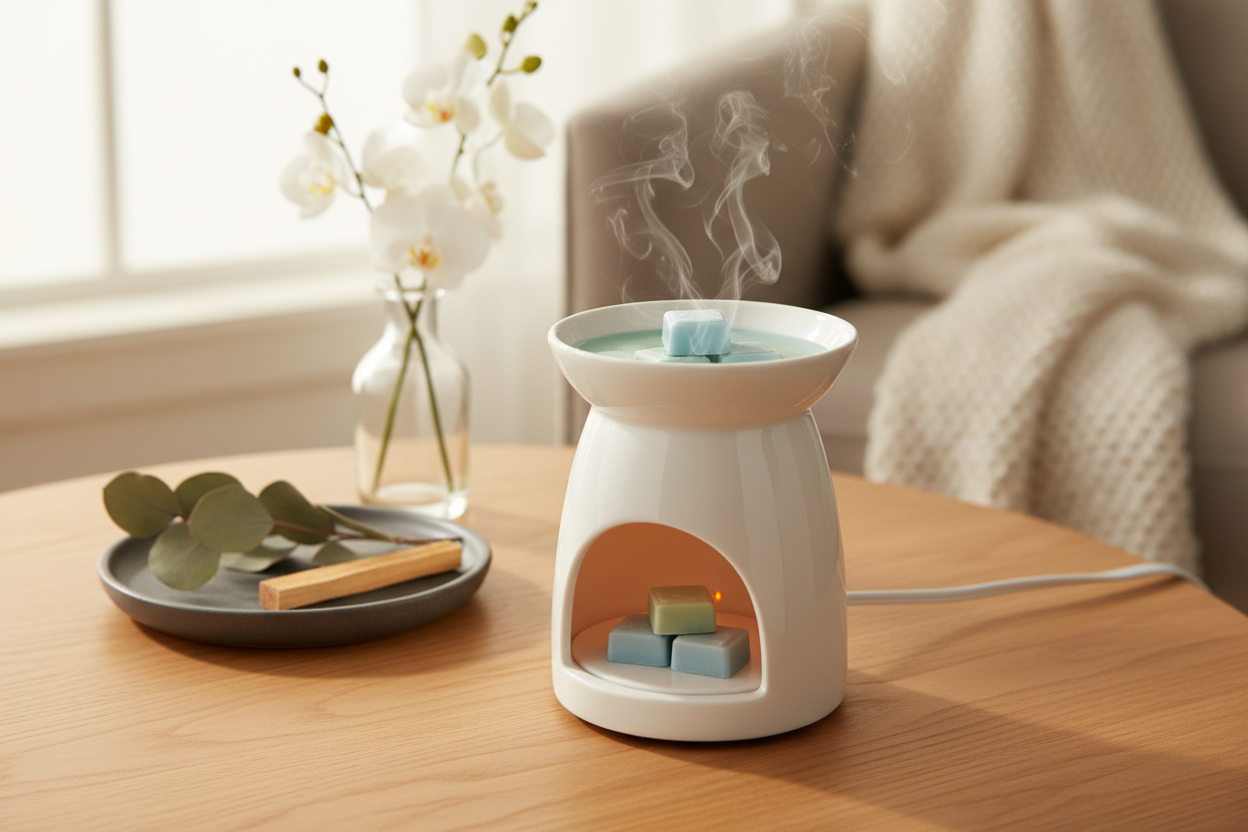White essential oil diffuser on a wooden table with a cozy living room background