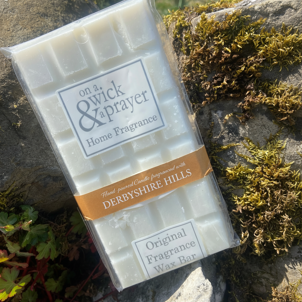 Derbyshire Hills fragrance wax melt bar on a stone background